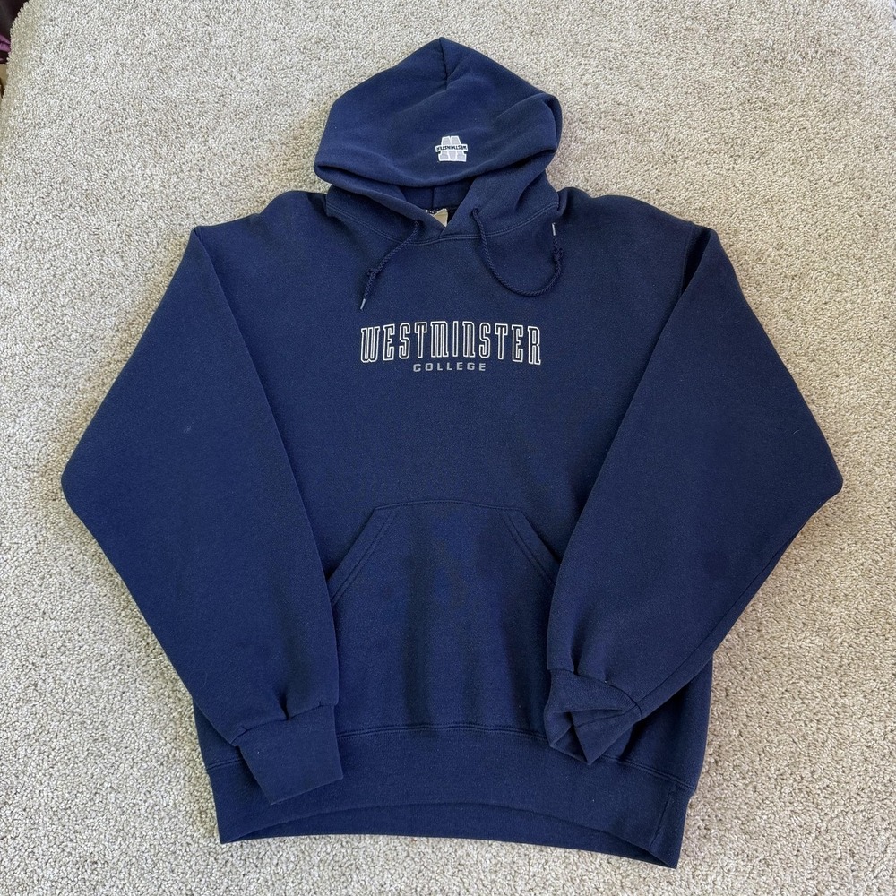 Vtg Westminster College Titans Hoodie Sweatshirt Mens Medium Blue M. J. Fleece